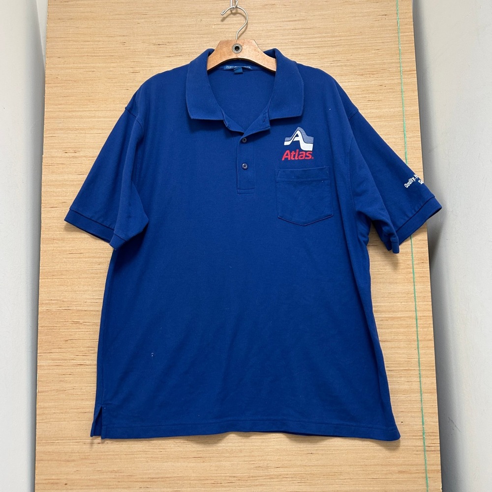 Port Authority Mens XL Blue Atlas Logo Short Sleeve Pique Polo Shirt Pocket